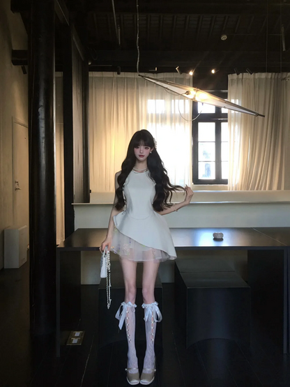 White sleeveless slim waist irregular skirt homecoming dress R5081