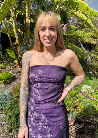 Vintage Strapless Purple Chiffon Satin Beaded Long Birthday Prom Dress Evening Gown