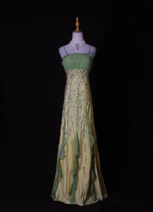 Chic Spaghetti Straps Yellow-green Satin Beaded Mermaid Long Party Dress Birthday Evening Gown With Ruffles