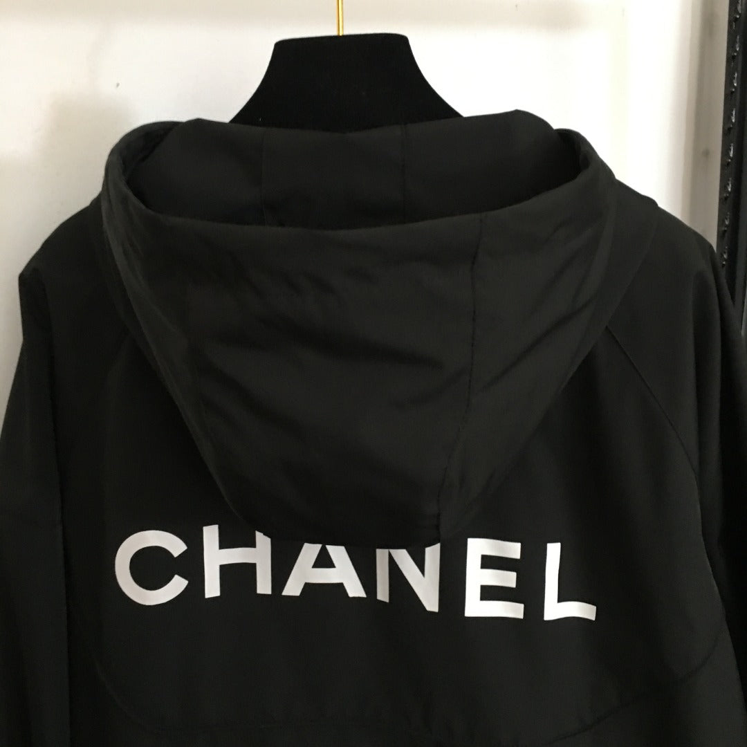 CC Logo Letter Print Zipper Pocket Long Sleeve Hooded Windbreaker Jacket