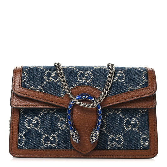 New Denim GG Monogram Dollar Calfskin Enamel Super Mini Dionysus Shoulder Bag Blue Tea Cuir Epilog Electric Blue
