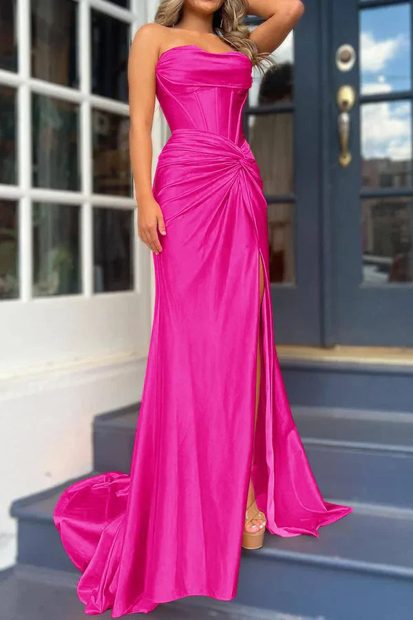 omberprom Mermaid Evening Dress Strapless Satin Long Prom Dress With Slit