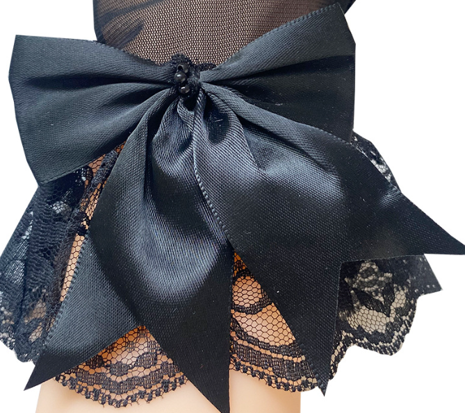 Breathable mesh gloves lace bow Hepburn style etiquette black French retro dress     S6267