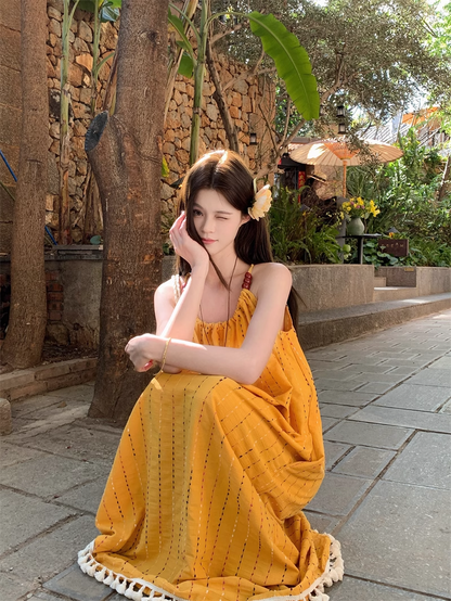 Simple Fashion Yellow Loose-fitting Design Beach Holiday A-line Long Spaghetti Strap Dress TP3336