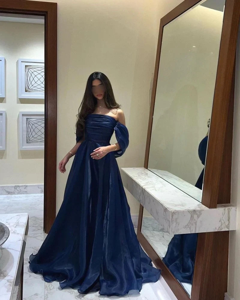 A line Strapless Royal Blue Long Prom Dress With Straps P1516