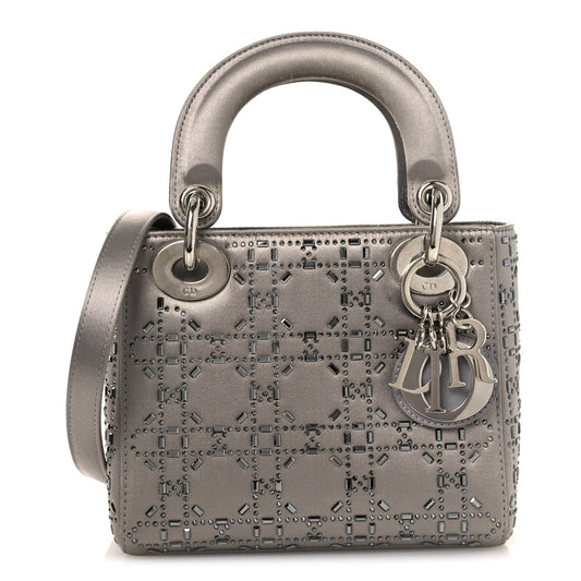 Satin Crystal Cannage Mini Lady Dior Gray