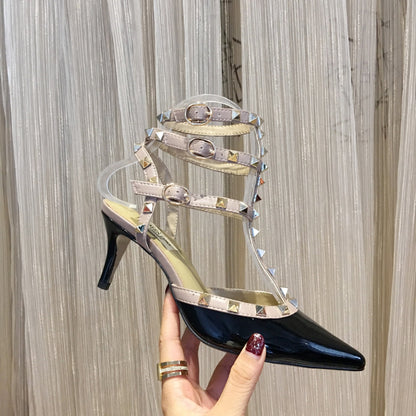 Valentino Rockstud Caged Pumps 65mm Black mix Nude Patent Leather 239637