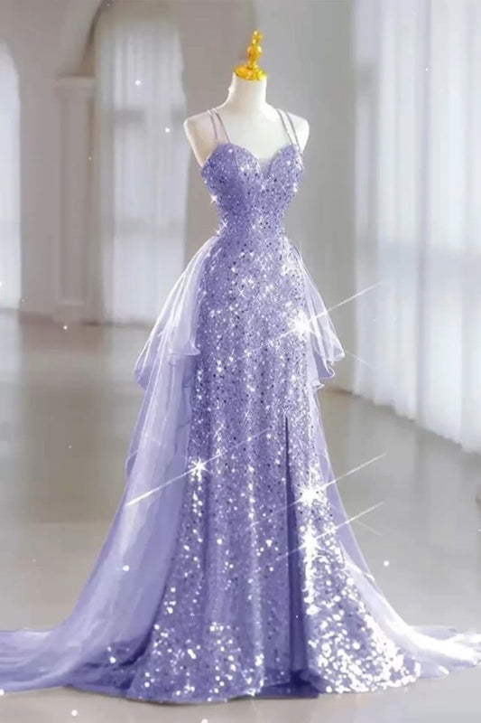 Vintage Lilac Sequin Spaghetti Strap A-Line Evening Gown TP5181