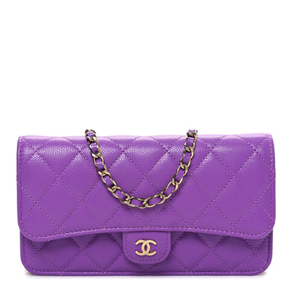 Caviar Quilted Flap Phone Holder with Chain Purple