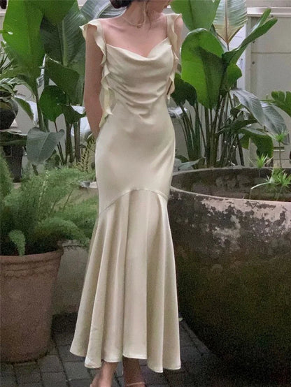 Vintage Sage Green Ruffle Mermaid Satin Long Prom Dress Party Dress Evening Dress TP4495
