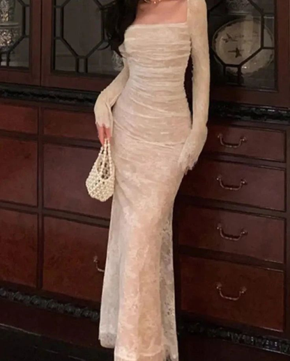Vintage Mermaid Lace Prom Dress Elegant Apricot Square Collar Evening Party Gown Y7572