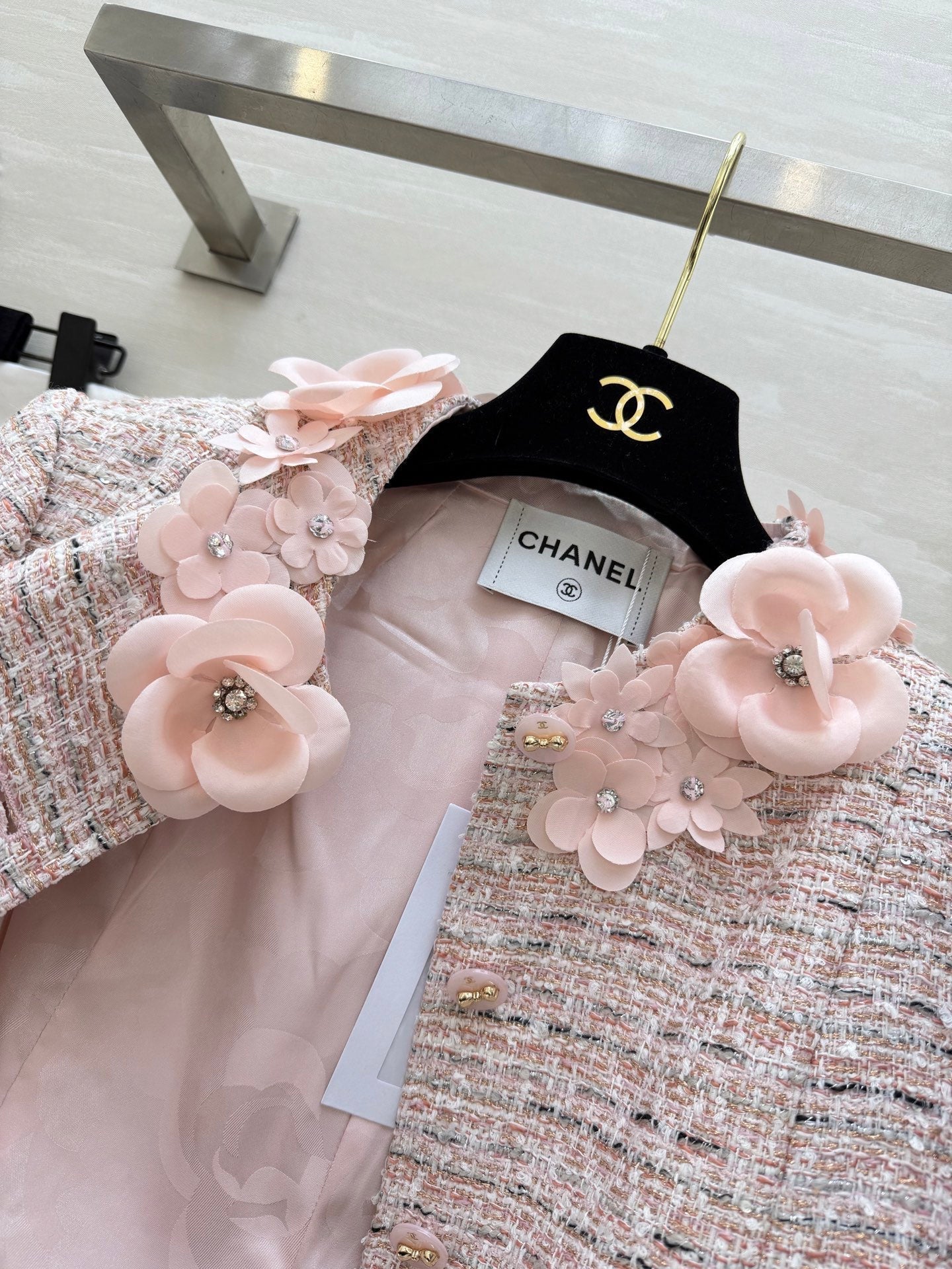 CC 26s Coat 3D Floral Embellished Light Pink Wool Blend Tweed