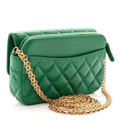 Aged Calfskin Quilted Reissue 2.55 Phone Holder With Chain Green