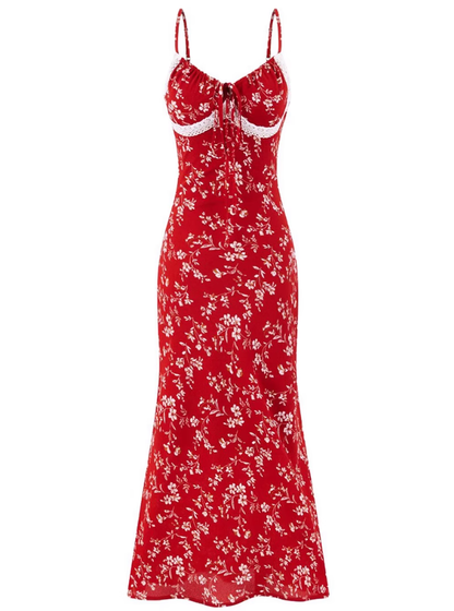 2025 Summer New Red Floral Sexy V-neck Mid-length Holiday Suspender Dress R0919