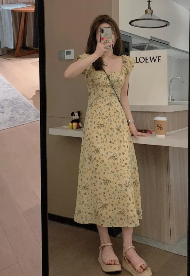 Dress long French style slim fit square collar flying sleeves A-line short skirt summer R2932