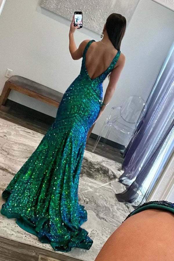 omberprom Deep V Neck Evening Dress Pink Sequins Mermaid Long Prom Dress