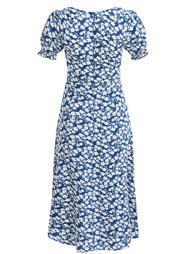 2025 Summer New French Square Neck Blue Temperament Floral Holiday Platycodon Dress R0945