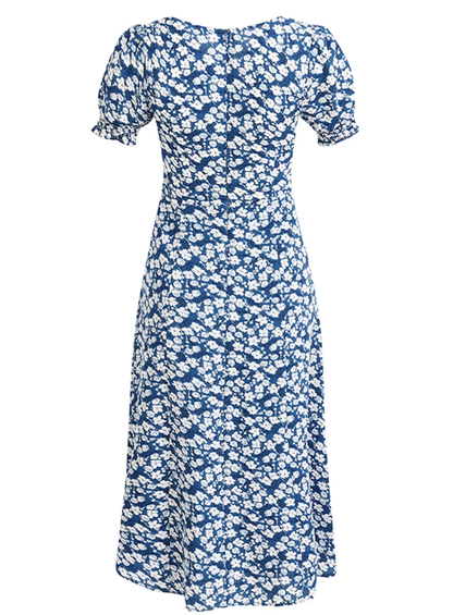 2025 Summer New French Square Neck Blue Temperament Floral Holiday Platycodon Dress R0945