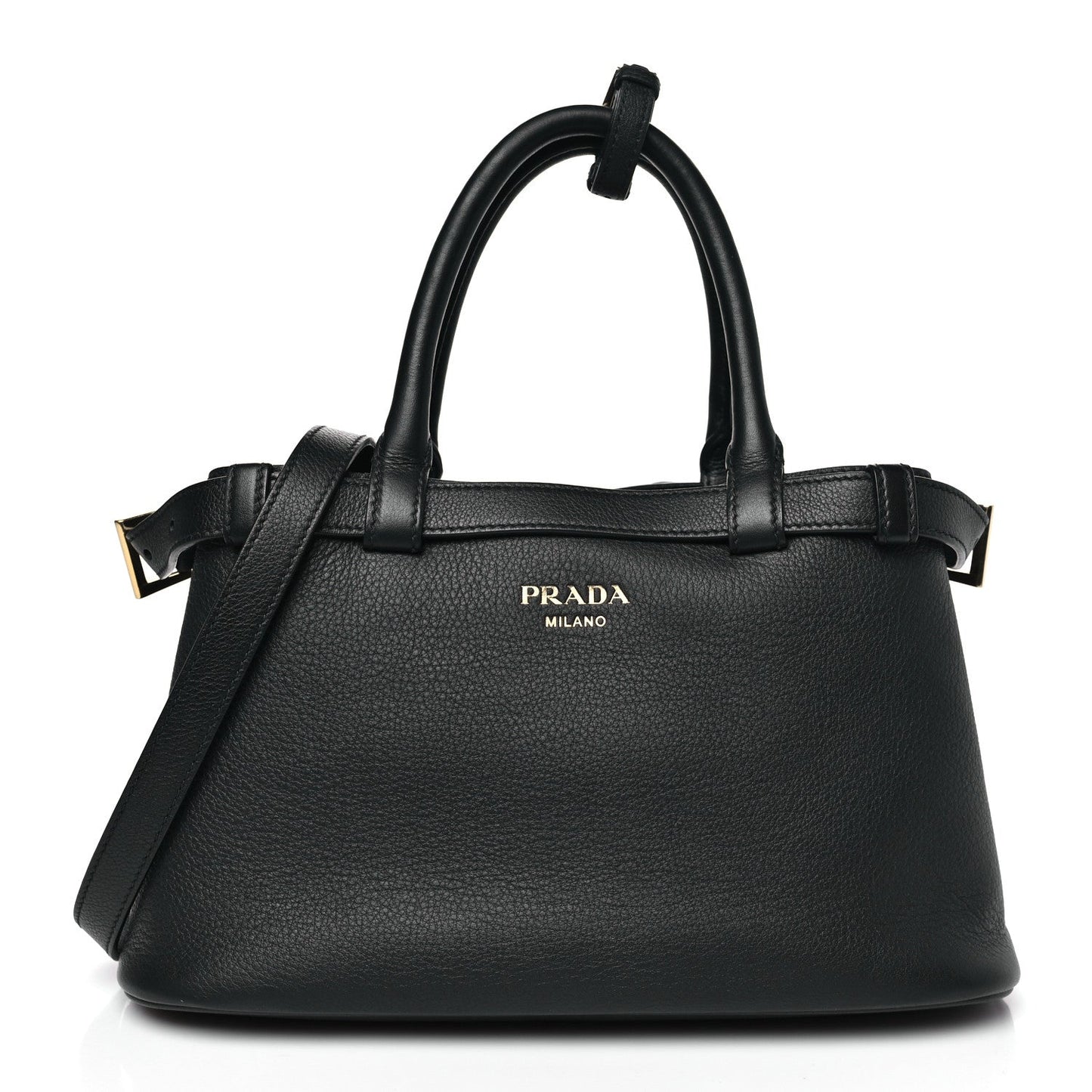 Soft Grain Calfskin Small Double Belt Tote Black
