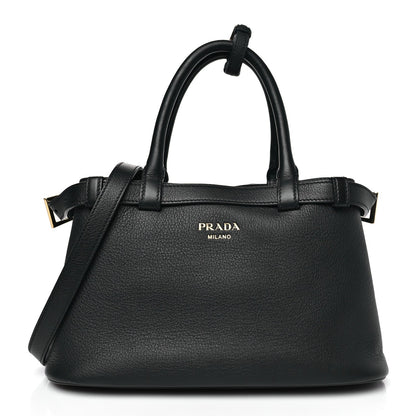 Soft Grain Calfskin Small Double Belt Tote Black