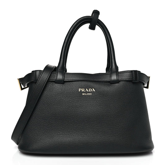 Soft Grain Calfskin Small Double Belt Tote Black