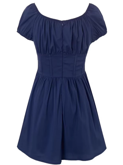 2025 Summer New Blue Square Neck Puff Sleeve Waist Slimming Short A-Line Dress R0944