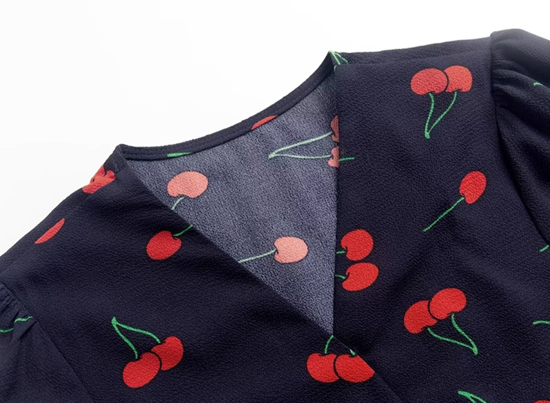 2025 Summer New French Retro V-neck Black Cherry Floral Wrap Dress R0939