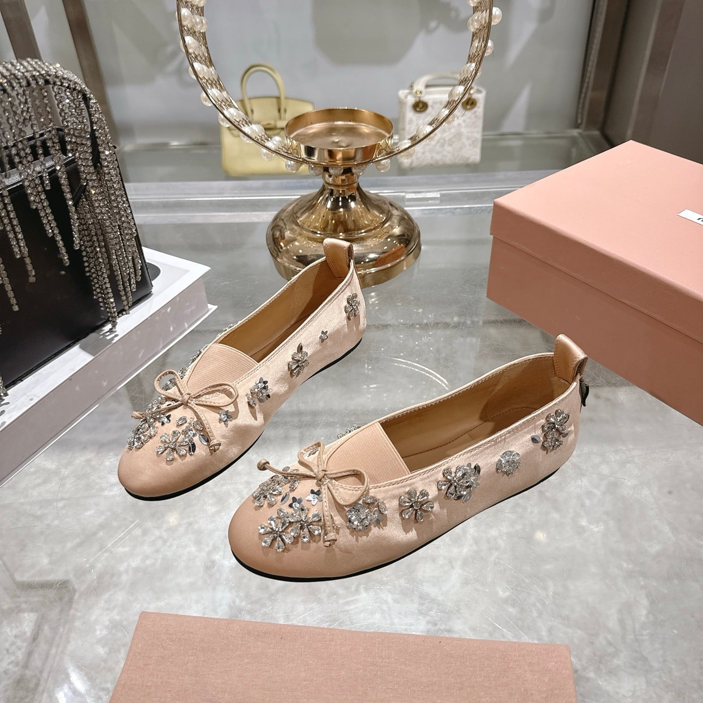 Miu 26 Ballet Flats with Crystal Rhinestones Light Pink Silk Satin 592101