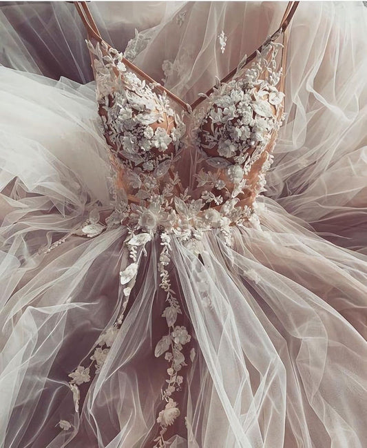 Dream Champagne White Floral 3D Long Wedding Dresses, Tulle A-Line Wedding Gown
