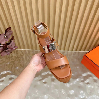 HM 25S CLASSIC WEDGE SANDALS 70 MM IN BROWN LAMBSKIN WITH SILVER HARDWARE
