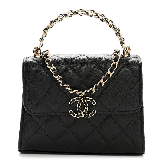 Caviar Quilted Double Chain Top Handle Flap With Chain Black