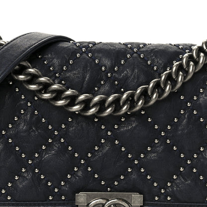 Crumpled Lambskin Medium Studded Boy Flap Navy