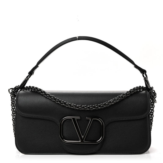 Calfskin Monochrome Vlogo Loco Shoulder Bag Black