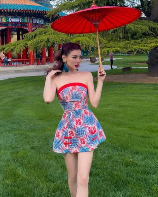 Retro blue tube top waist A-line mini skirt homecoming dress R2954