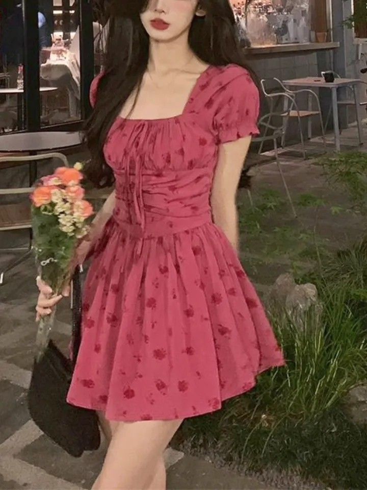 Pink Floral Puff Sleeves Slim Cute Miniskirt Homecoming Dress R4003