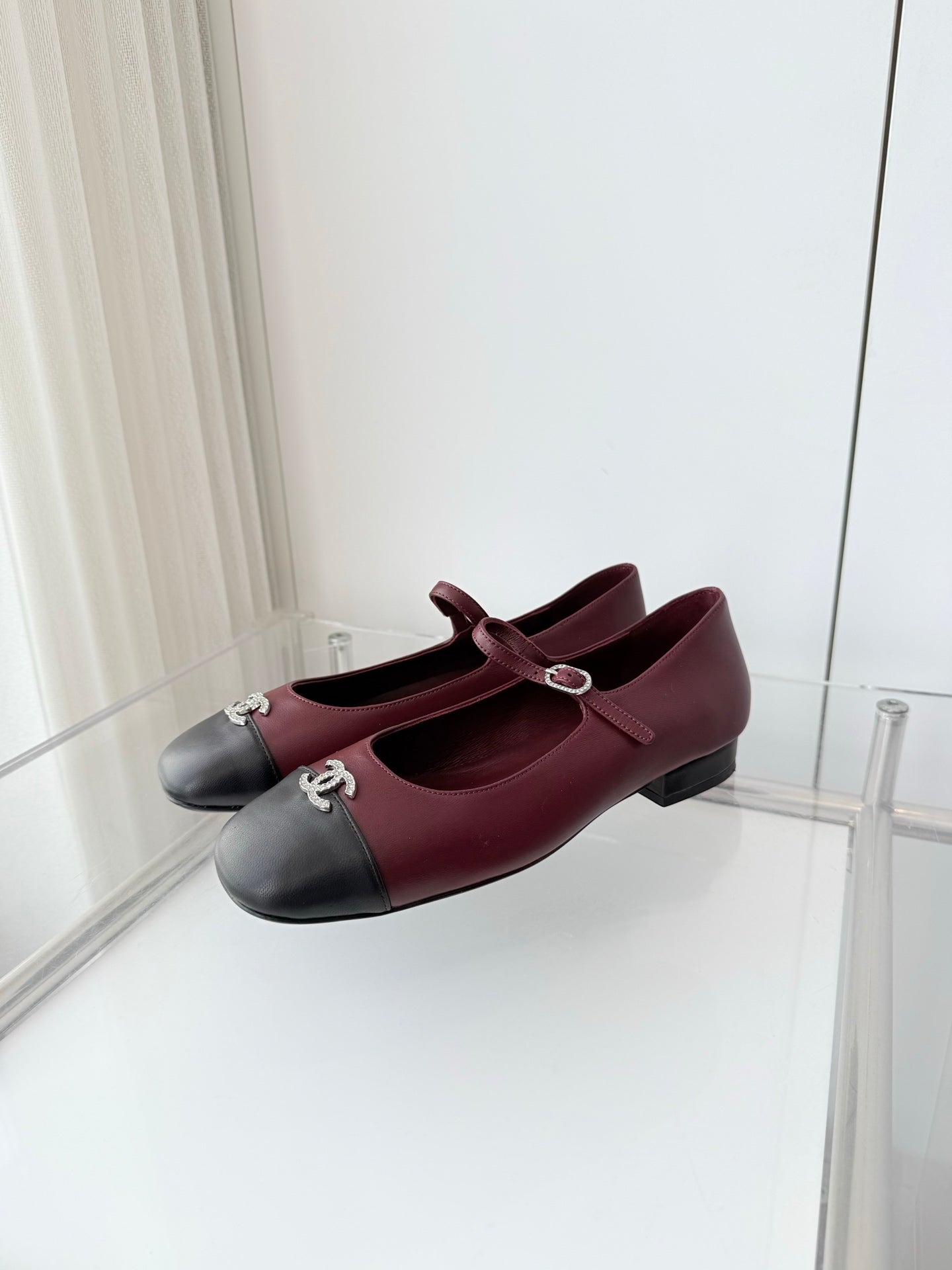 Chanel 26 MaryJane Shoes Burgundy Black Lambskin 597383