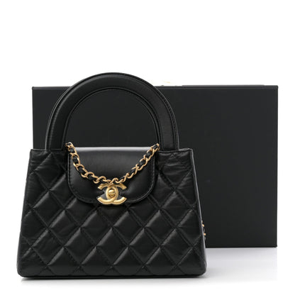 Shiny Aged Calfskin Quilted Nano Kelly Shopper Black