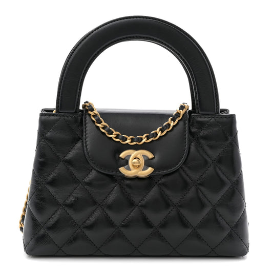 Shiny Aged Calfskin Quilted Nano Kelly Shopper Black