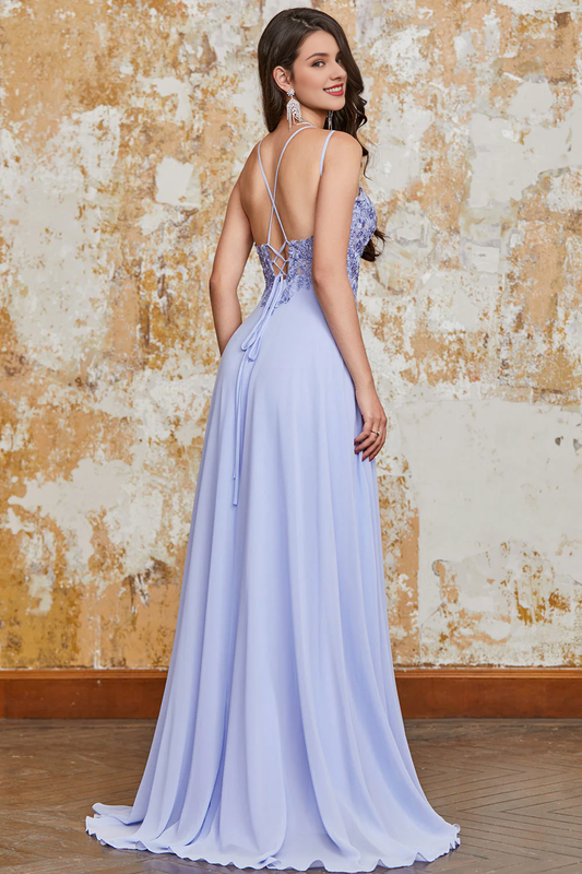 omberprom Long Prom Dress Lavender A Line Evening Dress Spaghetti Straps Criss Cross Back with Slit