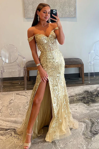omberprom Mermaid Prom Dress Gold Lace Off the Shoulder Sequin Evening Dress