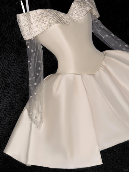 Elegant Ivory Off-the-shoulder Simple Design A-Line Satin Short Homecoming Dress Party Dress TP4192