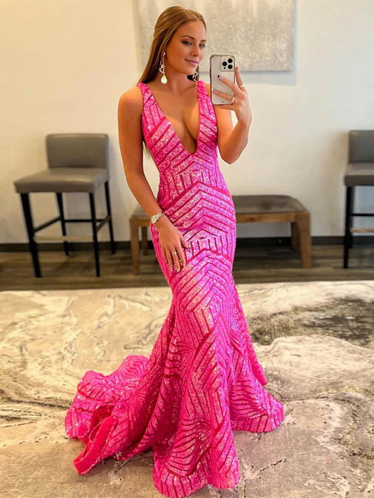 omberprom Deep V Neck Evening Dress Pink Sequins Mermaid Long Prom Dress