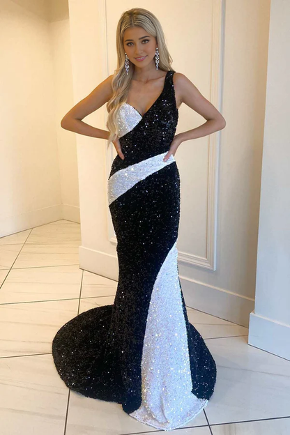 omberprom Black and Sequin Evening Dress One-Shoulder Mermaid Long Prom Gowm