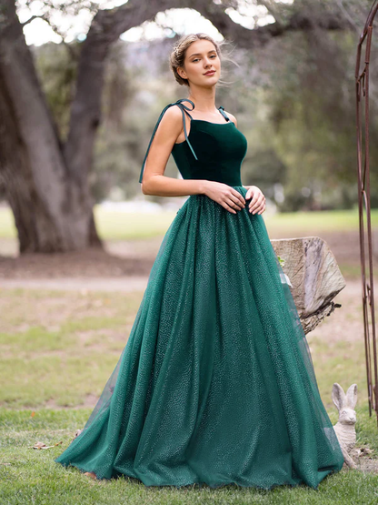 omberprom Elegant Spagatti Straps Evening Dress Velvet Tulle Floor Length Prom Dress