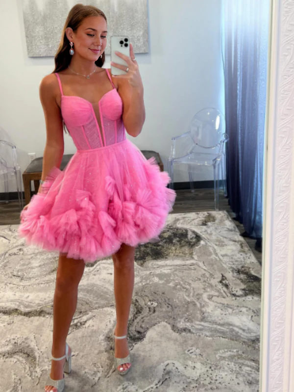omberprom Elegant A-Line Graduation Dresses V Neck Short Tulle Homecoming Dress