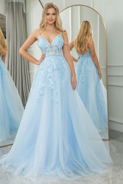 omberprom Light Blue A Line Corset Tulle Long Prom Dress With Appliques