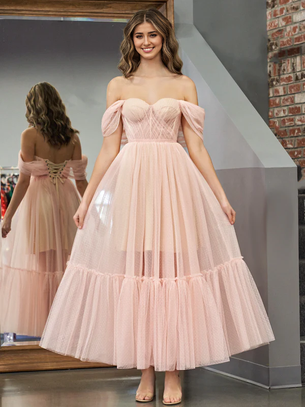 omberprom A-Line Evening Dress Rose Pink Tulle Sweetheart Tea-Length Prom Dress