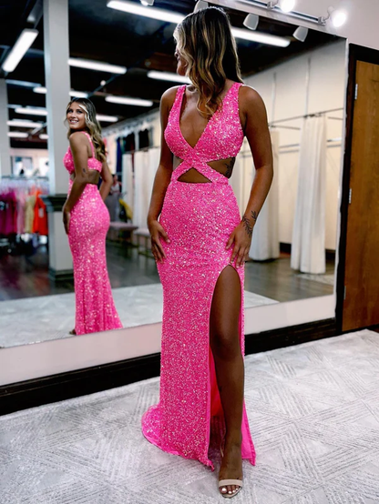 omberprom Mermaid Evening Dress V Neck Sequins Prom Dress with Slit