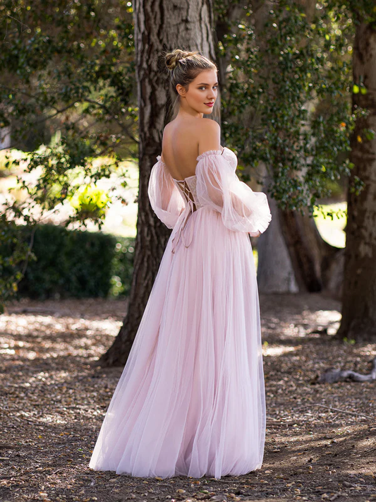 omberprom A-line Prom Dress Corset Off The Shoulder Floor Length Tulle with lace appliques