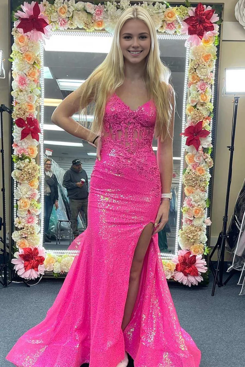 omberprom Elegant Evening Dress Mermaid V Neck Sequins Prom Dress with Slit